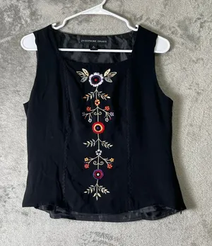 Vintage Dark Romantic Embroidered Silk Sleeveless Blouse Floral Lace Trim Size 4 thumbnail 1