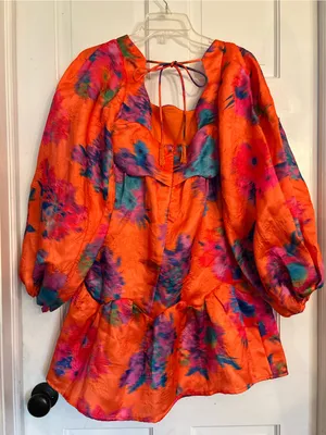 FARM Rio Orange Floral Bouquet Ikat Dress XS thumbnail 3
