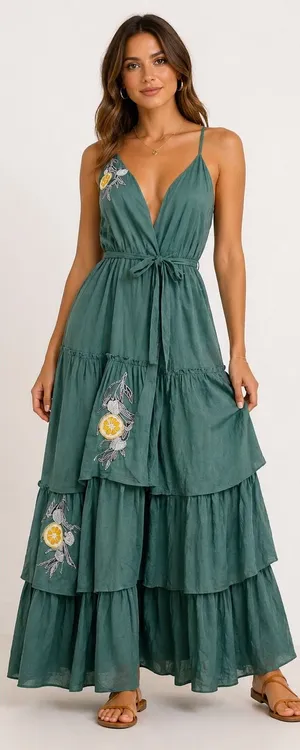 Anouk Grewal‎ Green Maxi Dress Embroidered Lemon Tiered Sleeveless Medium thumbnail 1