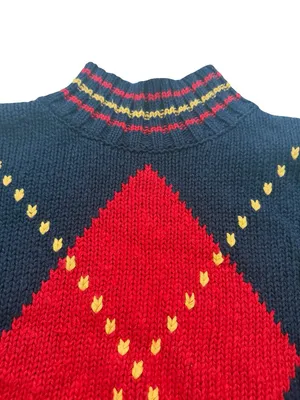 Lizwear Navy Red Gold Striped Argyle Mock Neck Sweater Colorblock Large Women's thumbnail 3