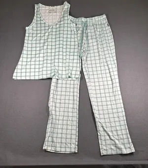 Eddie Bauer Pajama Set Womens Small Green Plaid Tank Top Pants Sleepwear Jersey thumbnail 1