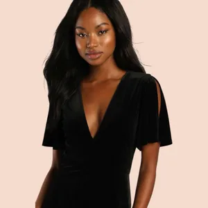 Lulus NWOT Elegant Evenings Black Velvet Flutter Sleeve Trumpet Maxi Dress M thumbnail 4