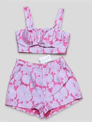 Blithe Strawberry Spritz Brocade Set NWT Med Pink Floral Crop Top Shorts Retro thumbnail 2