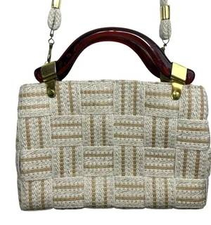 Vtg Handbag Purse Woven Purse Lucite Handles Made In Italy NWT Bohemian Neutral thumbnail 1