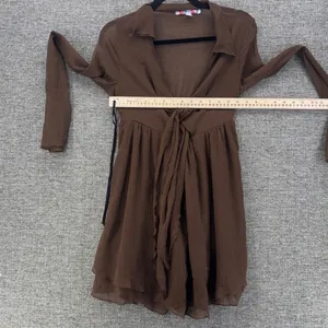 Urban Outfitters Mini Drress S Brown Tie Front Long Bell Sleeve‎ Boho Y2K Fairy thumbnail 11
