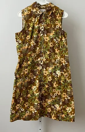 White Stag Cotton Boho Quirky Mod Floral Sleeveless Button Down Dress 10 Olive thumbnail 1