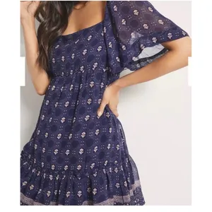 Maeve Anthropologie Blue Block Print Open Back Ruffle Mini Dress Large thumbnail 3