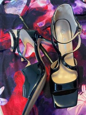 Black Patent Strappy Square-Toe Women's Heels with Ankle Wrap thumbnail 4