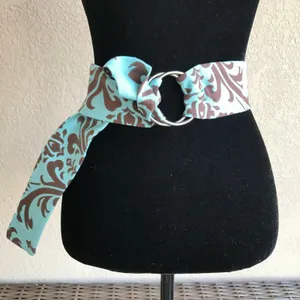 Handmade Womens Belt Brown Blue Damask‎ Wide Fabric Round Rings NEW thumbnail 2