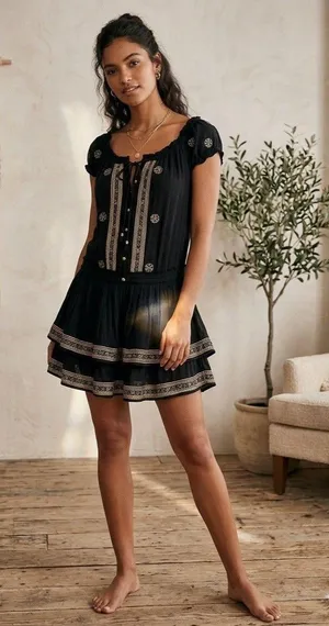 Boston Proper Black Embroidered Beaded Mini Floral Dress Scoop Neck Size S thumbnail 1
