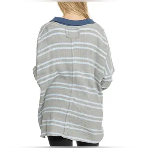 Free People Striped Travis Polo Shirt - Long Sleeve (gray combo) thumbnail 4