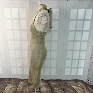 Capsulle Gold Metallic Halter Open Back Sleeveless Midi Bodycon Dress Large thumbnail 6