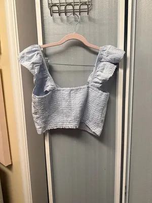 Aerie Light Blue Smocked Seersucker Ruffle Button-Up Crop Top thumbnail 3