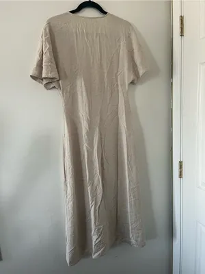 Mango Beige Linen Blend Midi Shirt Dress 4 Button Front Coastal Euro Summer thumbnail 7