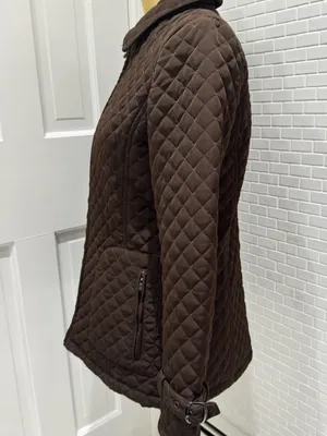 Quilted polyester chocolate brown belted jacket. Pockets. Animal print lining. M thumbnail 3