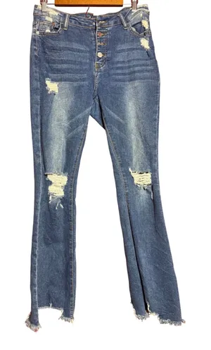 SHEIN Women Size 32 Distressed High Waisted Blue Denim Button Fly Raw Hem‎ Jeans thumbnail 1
