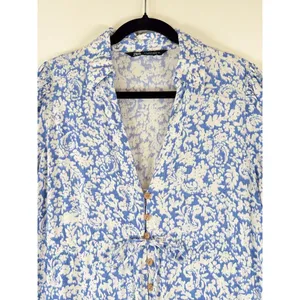 ZARA Womens Dress Blue Midi Floral Ditsy Shirtdress Linen Short Sleeve Medium thumbnail 7