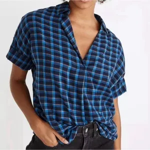 Madewell XS Blue Plaid Short Sleeve Popover Shirt 100% Cotton thumbnail 3
