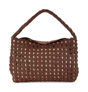 NWT Vince Camuto Brown Leather Woven Boho Macremé Top Handle Shoulder Bag thumbnail 1