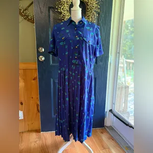 Blue Midi Dress 80s Blouson Floral Print Dress Button Back 80s Draped High Waist thumbnail 6
