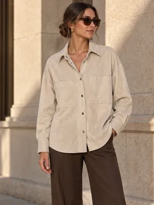 Zara Faux Suede Shacket Womens Small Beige Oversized Snap Front Shirt Jacket thumbnail 2