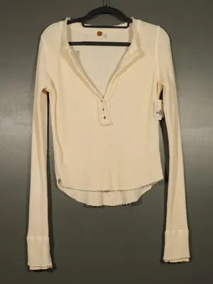 NWT Free People Long Sleeve V Neck Henley in Ivory Size Medium thumbnail 1
