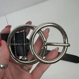 Olga Santini Women's Size L Leather Belt Black DOUBLE‎ OO Buckle Silver Toned thumbnail 3