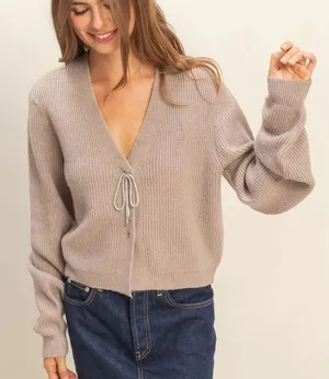 HYFVE Sparkly Bow Embellished Mocha Taupe Cardigan | Holiday Sweater size L thumbnail 1
