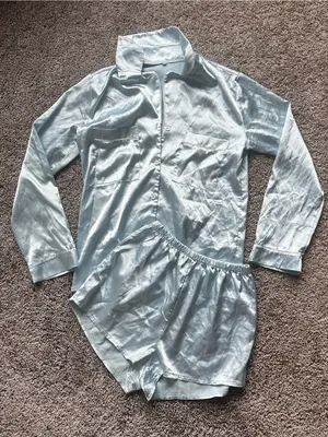 Light Blue Satin Pajama Set - Two Piece Top & Shorts thumbnail 2