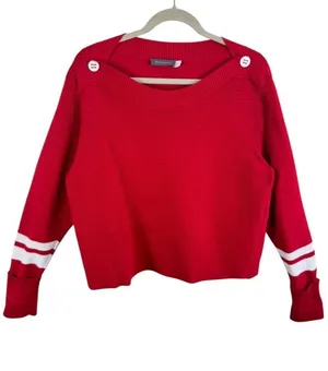 Mint Velvet Red Ribbed Boat Neck Sweater‎ Pullover White Stripe Cuffs Size US 12 thumbnail 1