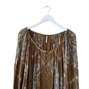 Free People Brown green hippie babydoll peasant dress balloon sleeves S #1993 thumbnail 2