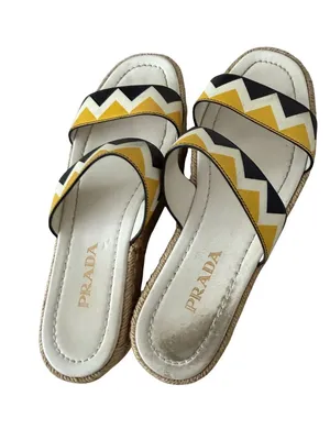 PRADA Zig Zag Beige Yellow Leather Platform Espadrilles Sandals Size 37.5 US 7.5 thumbnail 5