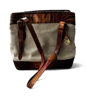 Vintage Y2K 90s Brahmin Harbor Tote Brown Leather Woven Crocodile Embossed Bag thumbnail 1