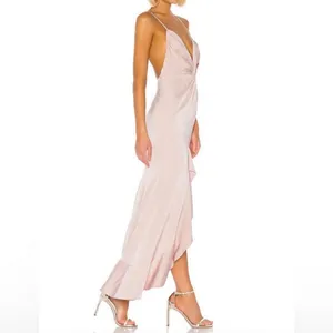 Lovers & Friends Revolve Satin Pink Blush Ruffle Twist Maxi Dress Gown MED NWOT thumbnail 2
