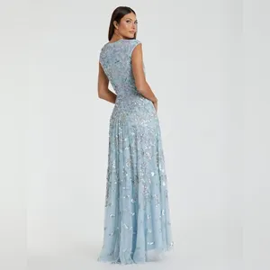 MAC DUGGAL 5647 Blue Sequined High Neck Cap Sleeve A Line Gown thumbnail 8