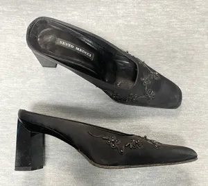 Vintage Sesto Meucci Black Satin‎ Beaded Embellished Mule Heels Sz 7 M Old Money thumbnail 1