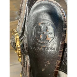 TORY BURCH Crocodile Embossed Leather High Heel Sandals Gold Hardware 7M Shoes thumbnail 8