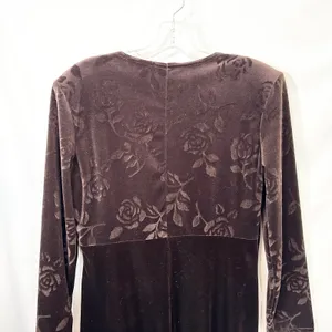 VTG Dress Brown Velvet Burnout Sz 12 Rose Print‎ A-Line Y2K 90s Long Sleeve 1590 thumbnail 9