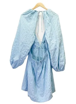 NWT Free People Endless Summer Puff Sleeve Open Back Mini Dress Blue Size Large thumbnail 4