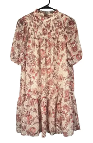 Eliza J Cream & Mauve Pink Short Sleeve Retro Mock Neck Dress Women Sz 6 thumbnail 1