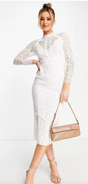 ASOS DESIGN White Lace Midi Dress Long Sleeve High Neck Pencil EU44 US12 RUSH thumbnail 1