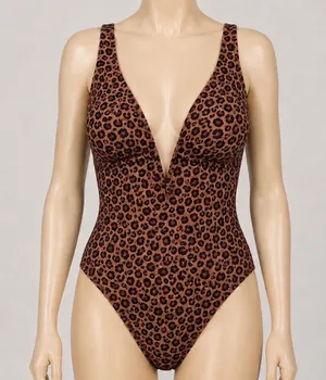 Shade & Shore Leopard‎ Print One Piece Swimsuit V-Neck Keyhole Brown Small 4-6 thumbnail 1