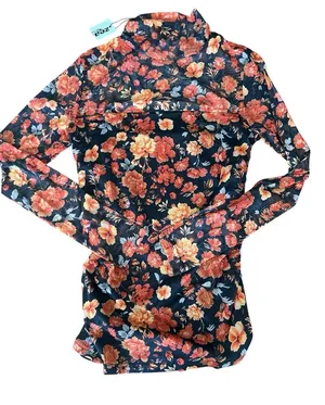 Zeagoo mesh floral top orange and black ruched sides Size Medium thumbnail 1