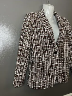 Mi Ami Blazer Womens Small Multicolor Tweed Check One Button Lined Notch Lapel thumbnail 2