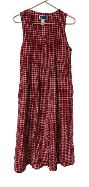 Bryn Connelly Red Plaid Pine Tree Embroidered Cotton Button Front Midi Dress S thumbnail 1
