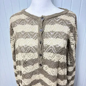 Peruvian Connection Vintage‎ Crochet knit Brown and Cream Striped Sweater Size L thumbnail 3