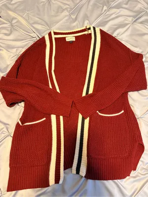 Universal Thread Burgundy Waffle-Knit Crewneck Sweater with Cream Stripe thumbnail 1