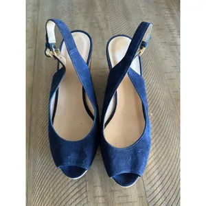 Stuart Weitzman Navy‎ Suede Peep-Toe Cork Wedge Slingback Sandals - Size 9b thumbnail 2