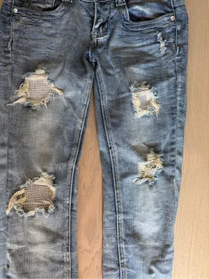 Machine distressed crystal embellished low rise denim jeans thumbnail 3