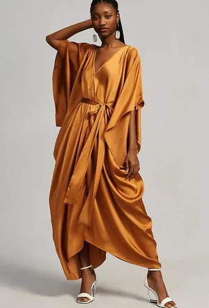 Anthropologie Dress Kaftan Satin Tie Front Gold thumbnail 1